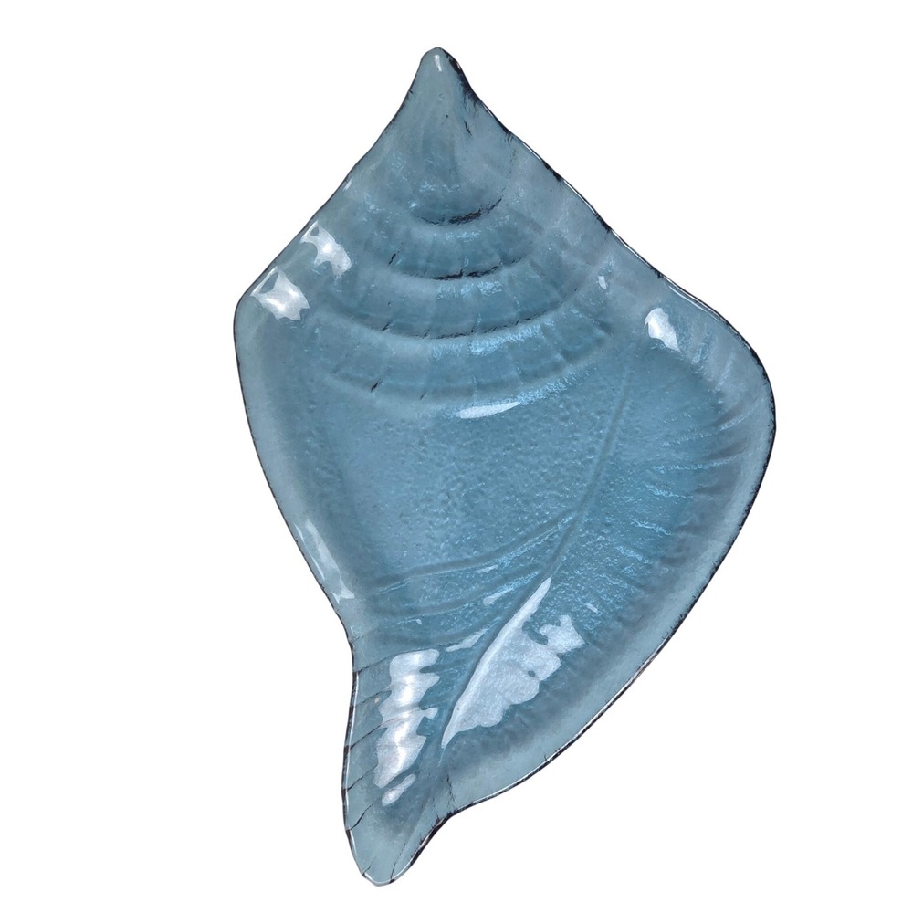 Vintage Blue Textured Glass Conch Shell Serving Dish 15 Inch Coastal Decor